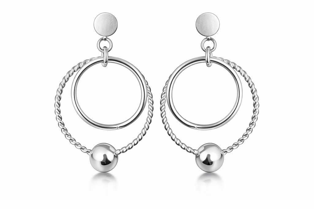 925 Sterling Silver Elegant Dangle double hoop Earrings with silver bead
