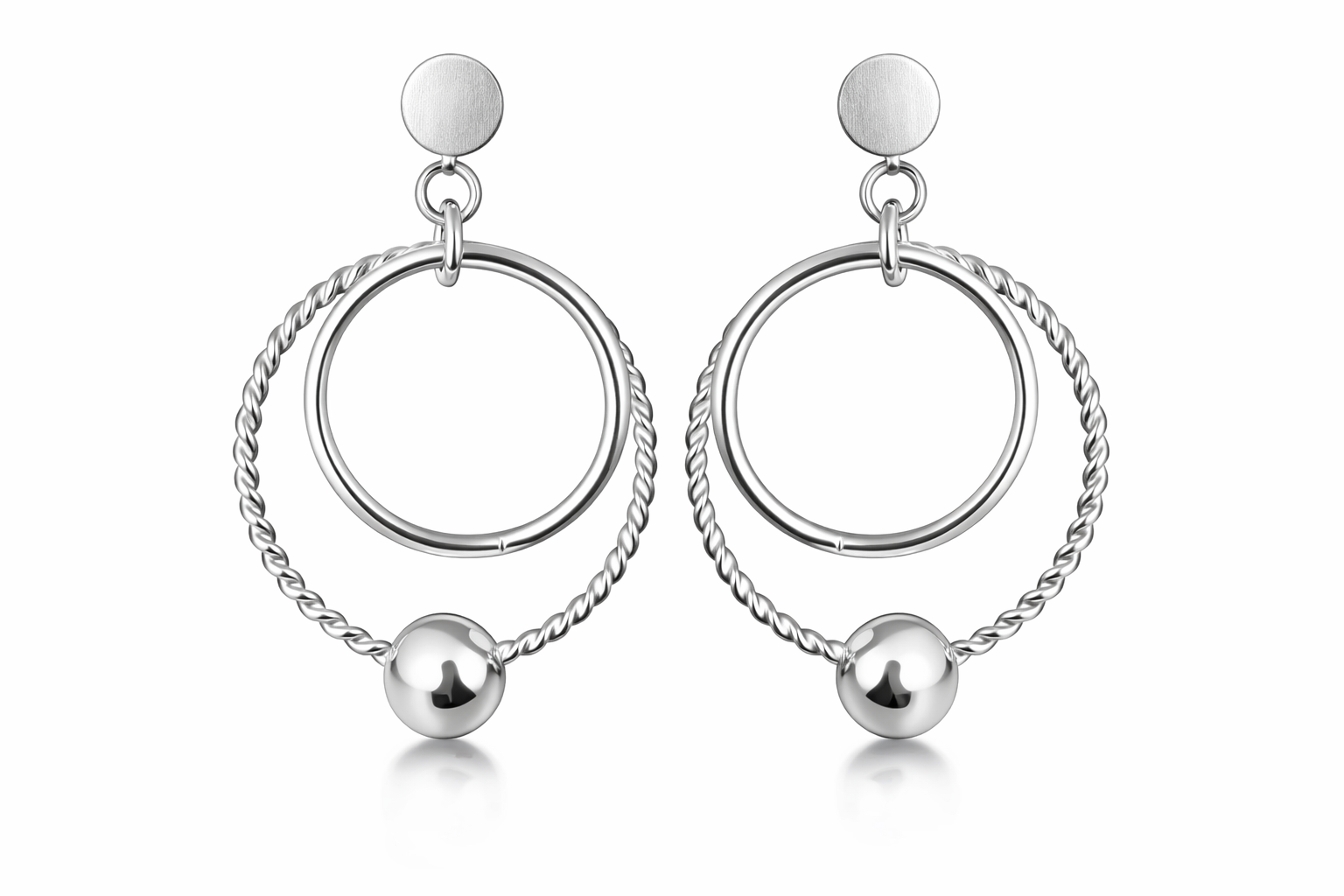 925 Sterling Silver Elegant Dangle double hoop Earrings with silver bead