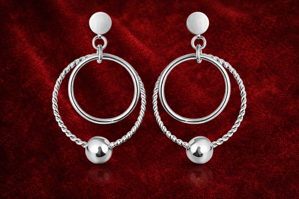 925 Sterling Silver Elegant Dangle double hoop Earrings with silver bead